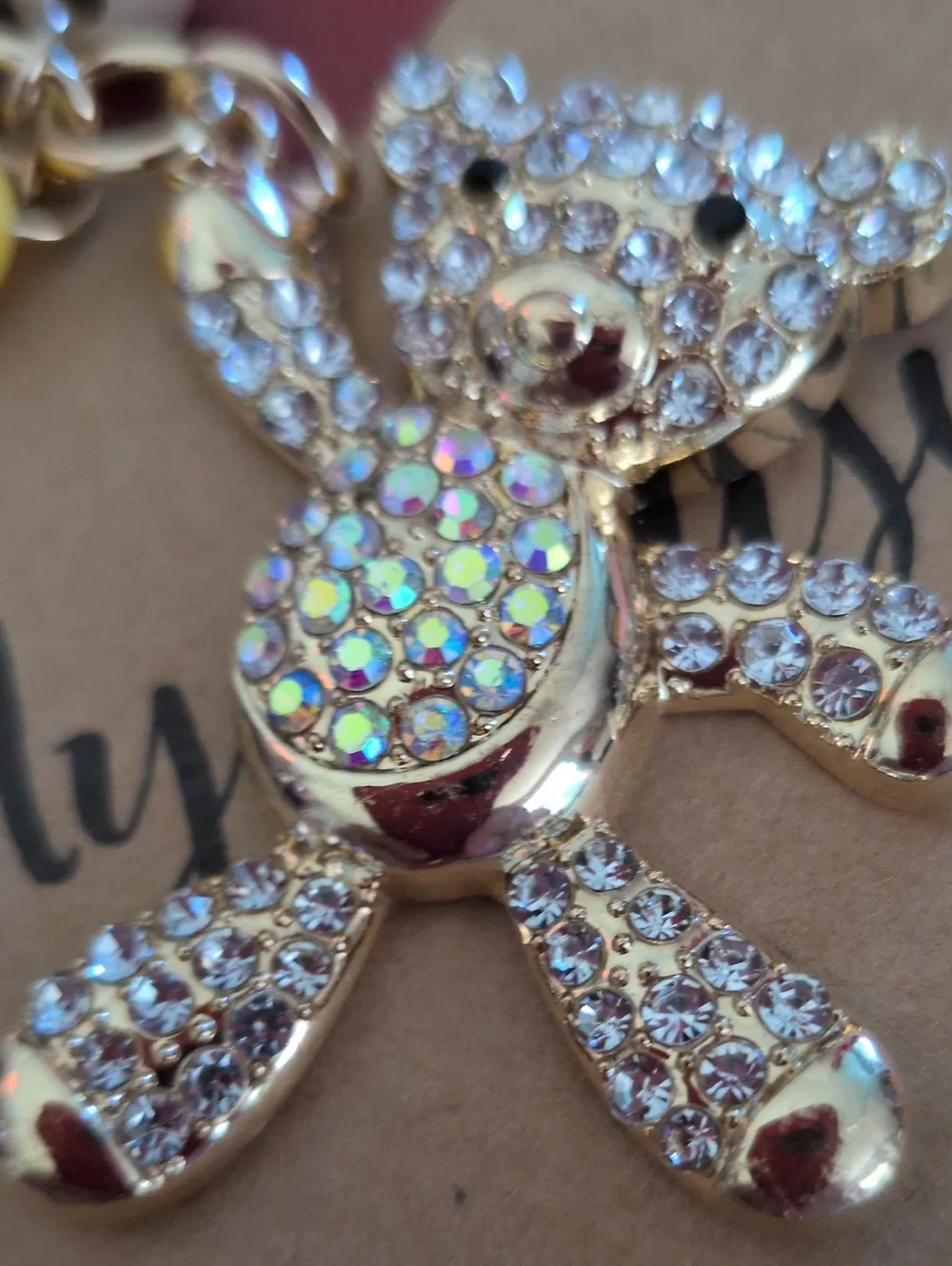Gold Crystal Teddy Keychain with Pastel Beads - Bag Charm